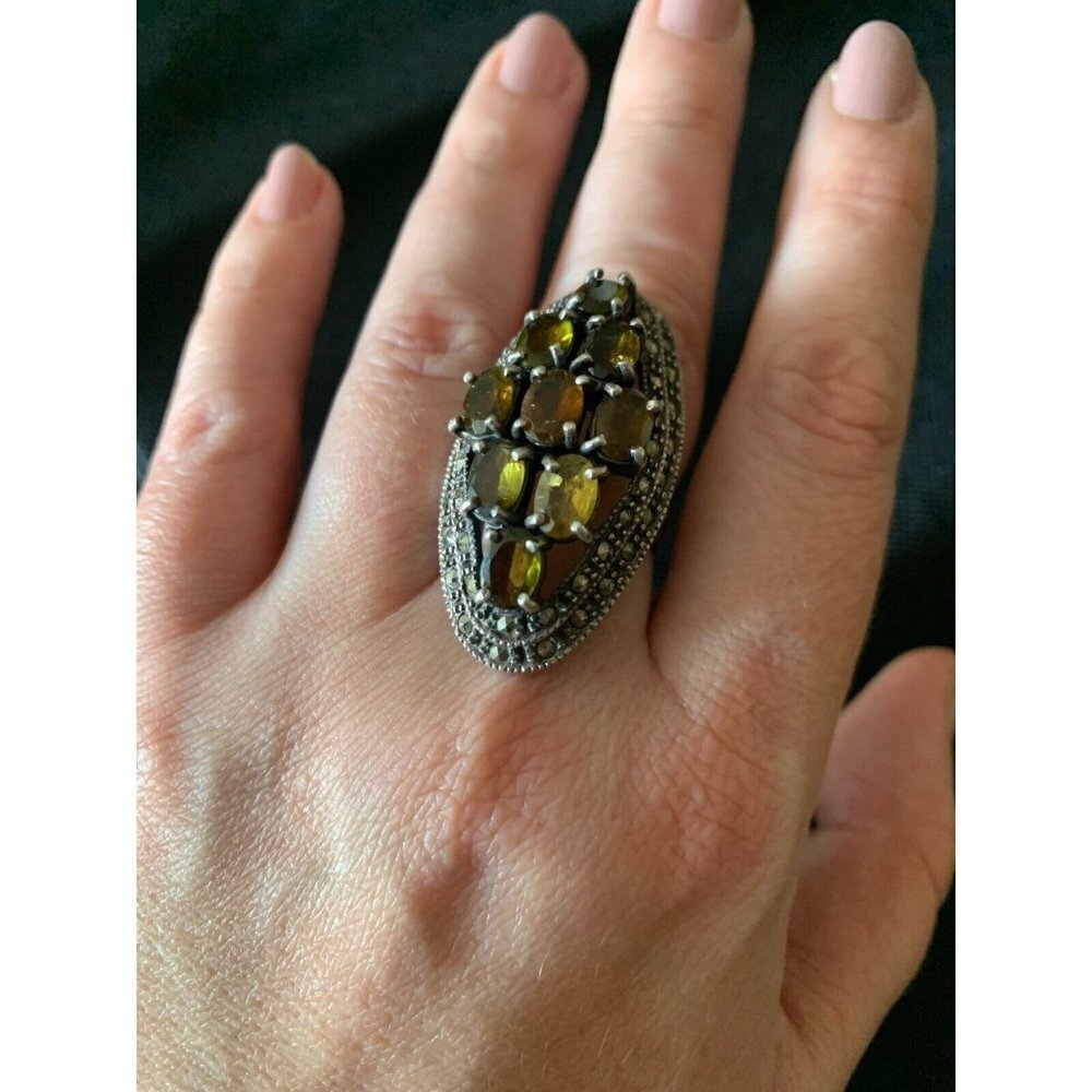 Statement Ring Green Stones Sterling Silver 925 Handmade‎ Vintage Unique